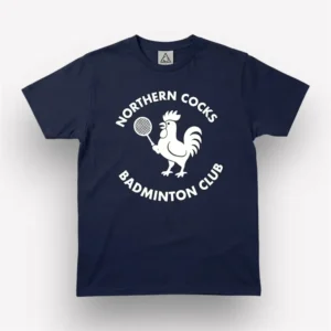 Navy t-shirt featuring a cockerel playing badminton