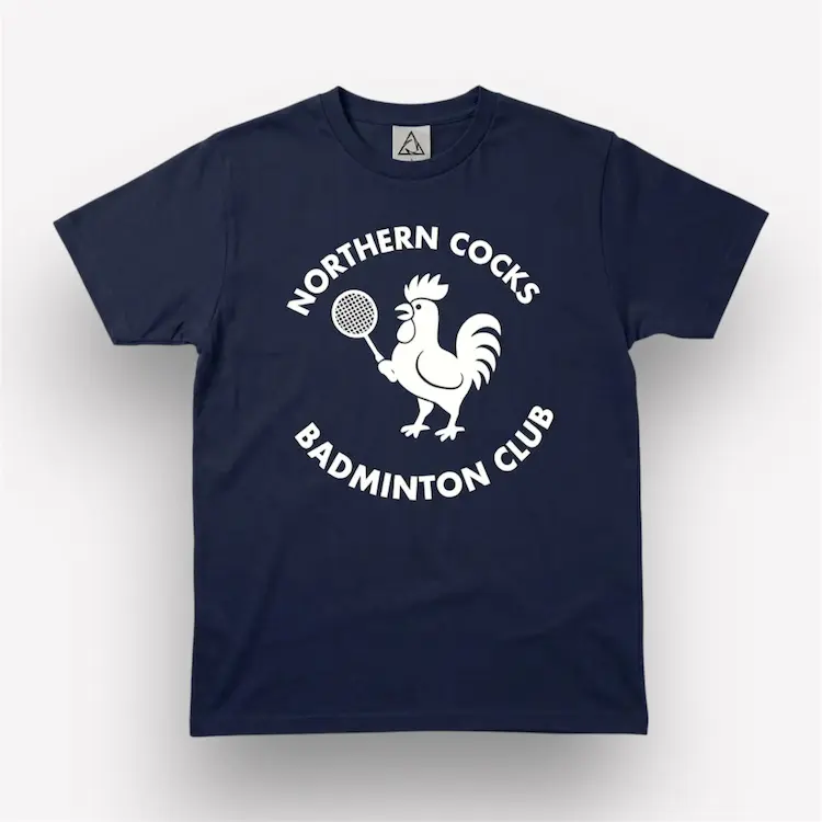 Navy t-shirt featuring a cockerel playing badminton