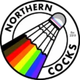 Northern Cocks LGBTQ+ badminton club shuttlecock logo with rainbow colours